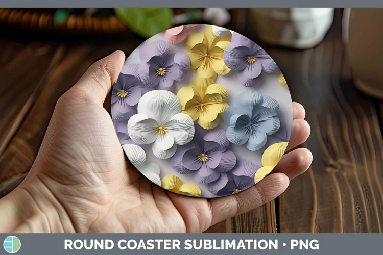 3D Paper Flowers Pansy Round Coaster Sublimation Coaster Des