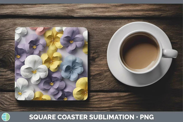 3D Paper Flowers Pansy Square Coaster Sublimation Coaster De