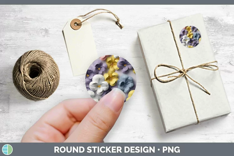 3D Paper Flowers Pansy Stickers | Round Labels Designs