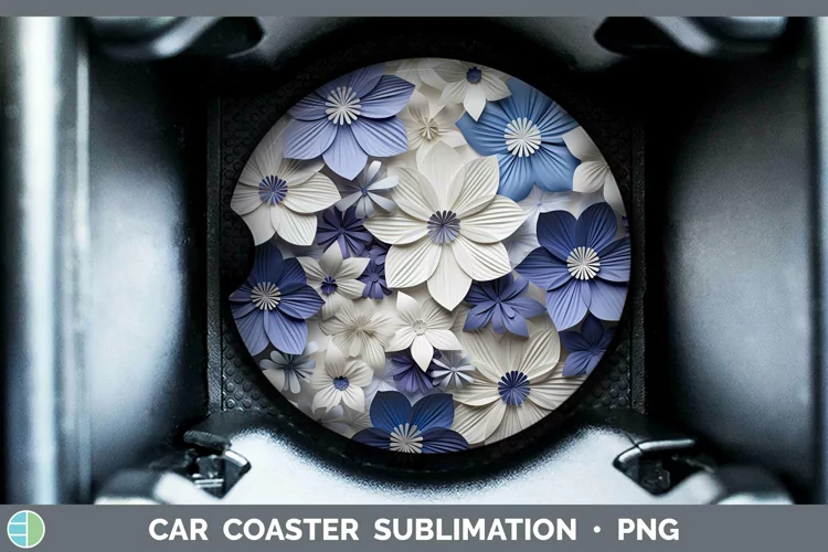 3D Paper Flowers Periwinkle Car Coaster Sublimation Coaster