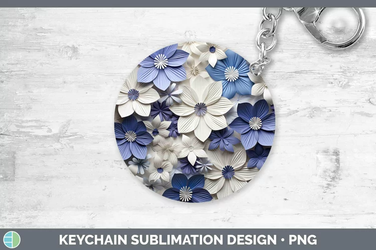 3D Paper Flowers Periwinkle Keychain Sublimation Keyring Des