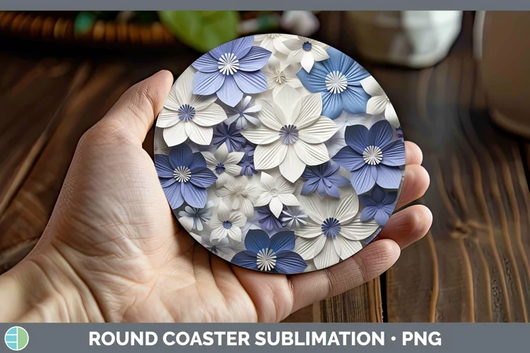 3D Paper Flowers Periwinkle Round Coaster Sublimation Coaste