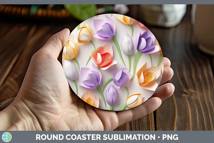 3D Paper Flowers Tulip Round Coaster Sublimation Coaster Des
