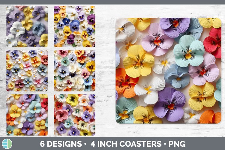 Bundle of six 3D Pansies Square Coaster designs.