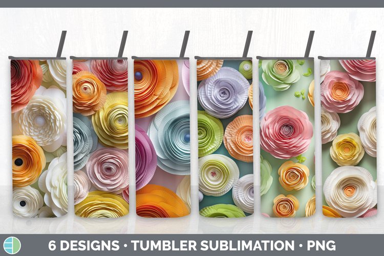 3D Paper Ranunculus Flowers Tumbler | Sublimation 20 oz Skin