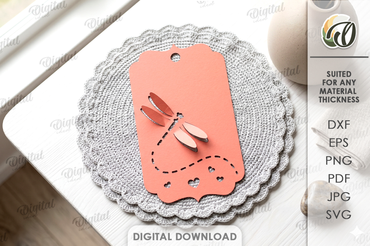 3D Paper Tag. Gift tag Template Paper Cut. Dragonfly SVG