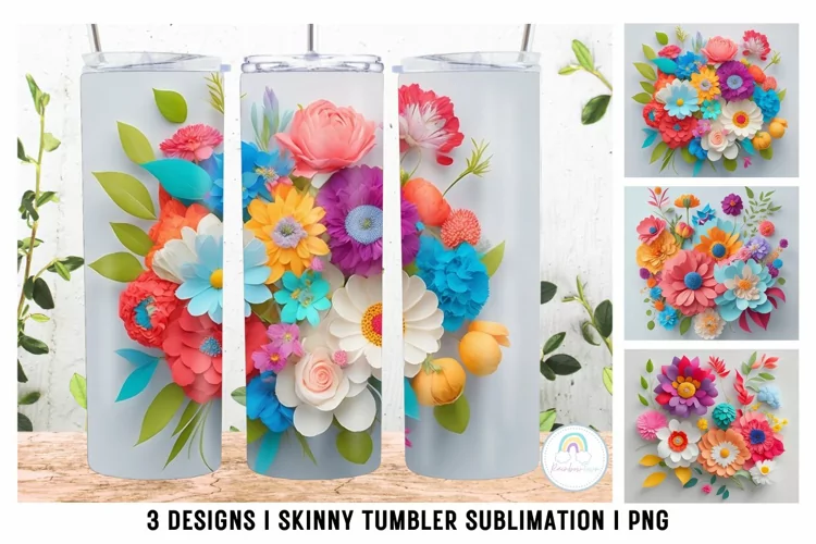 3D Colorful Flowers Tumbler Sublimation PNG