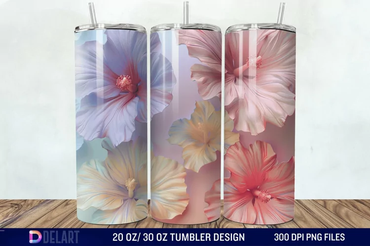 3d Pastel Colored Hibiscus Floral Tumbler Wrap