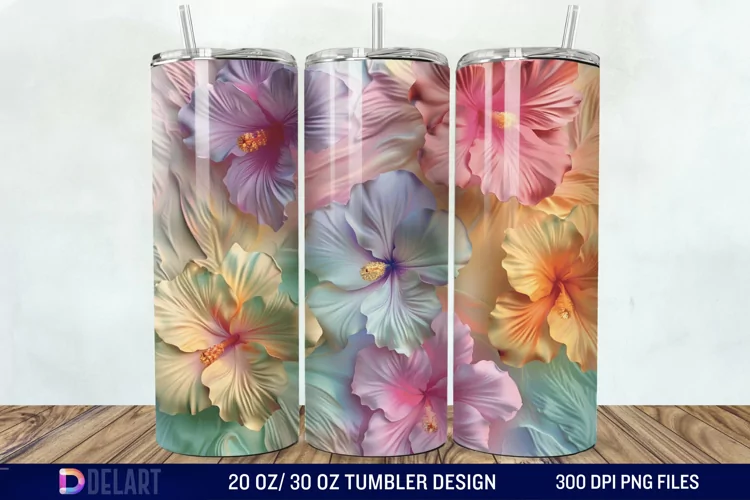 3d Pastel Colored Hibiscus Floral Tumbler Wrap