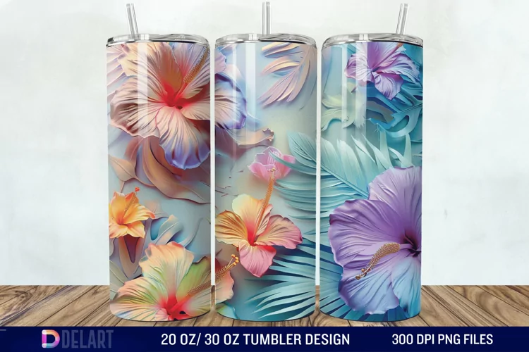 3d Pastel Colored Hibiscus Floral Tumbler Wrap