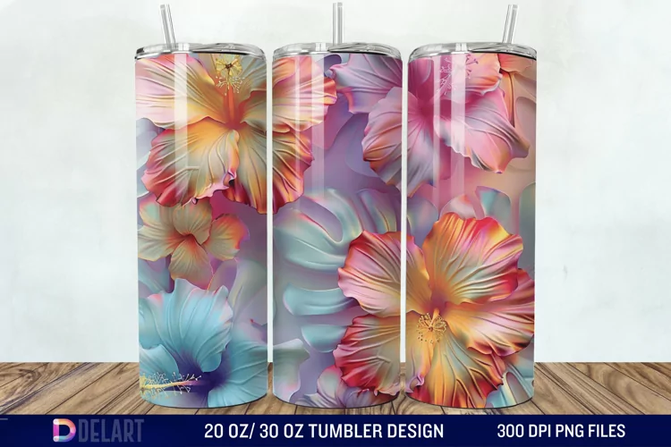 3d Pastel Colored Hibiscus Floral Tumbler Wrap