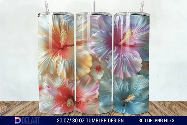 3d Pastel Colored Hibiscus Floral Tumbler Wrap