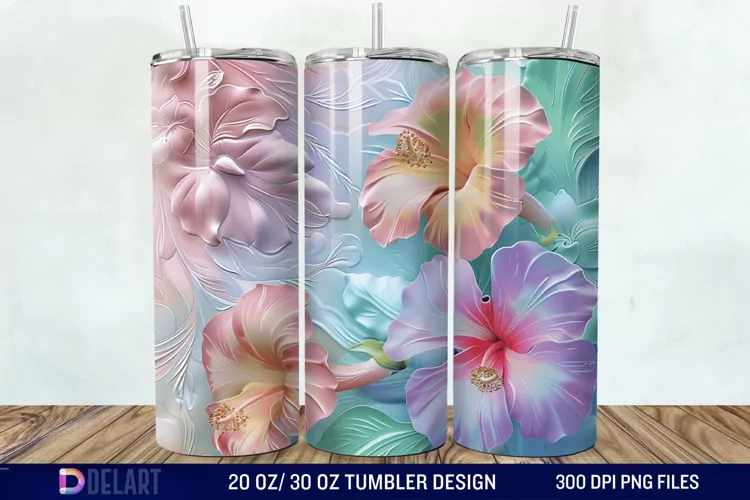3d Pastel Colored Hibiscus Floral Tumbler Wrap