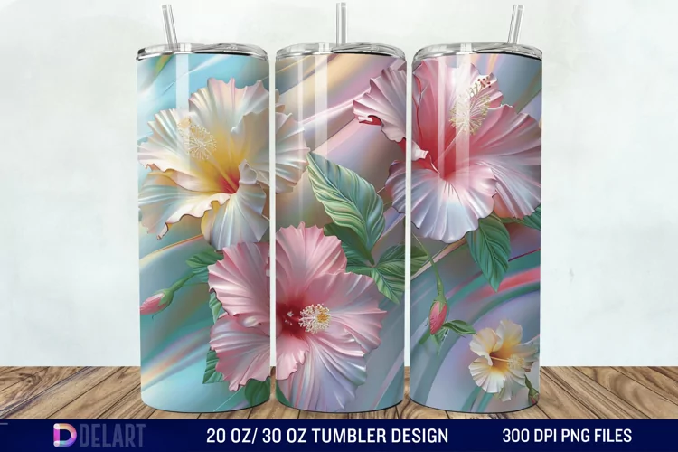 3d Pastel Colored Hibiscus Floral Tumbler Wrap