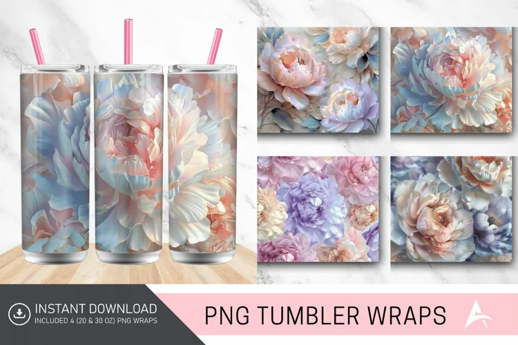 3D Pastel Peonies Flowers Tumbler Wrap