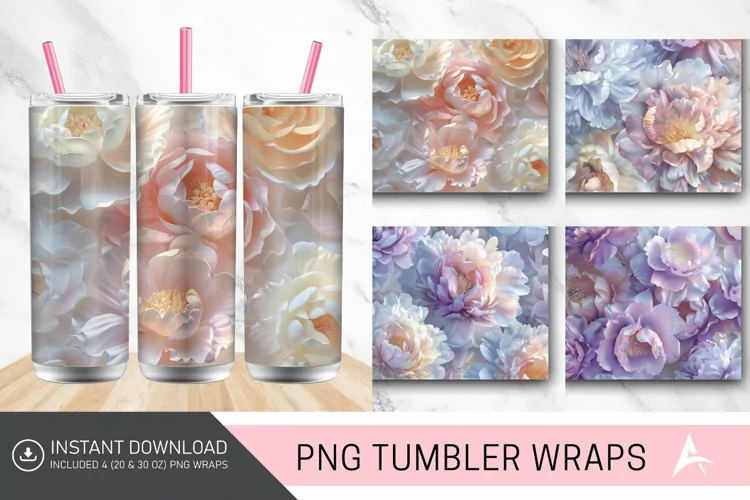 3D Pastel Peonies Flowers Tumbler Wrap