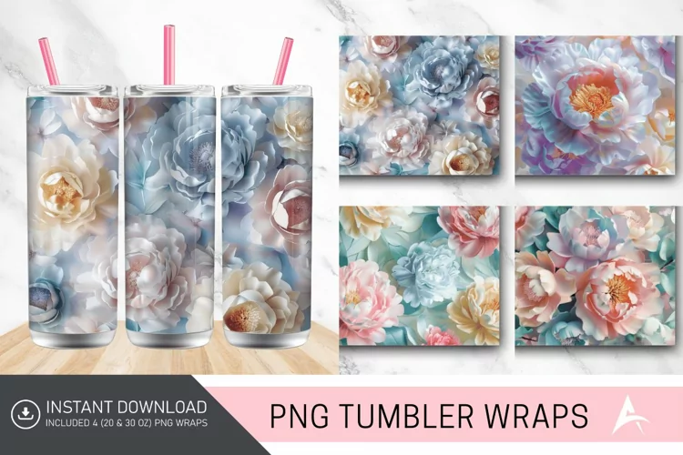 3D Pastel Peonies Flowers Tumbler Wrap