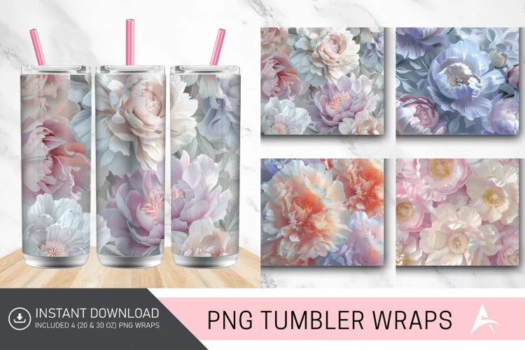 3D Pastel Peonies Flowers Tumbler Wrap