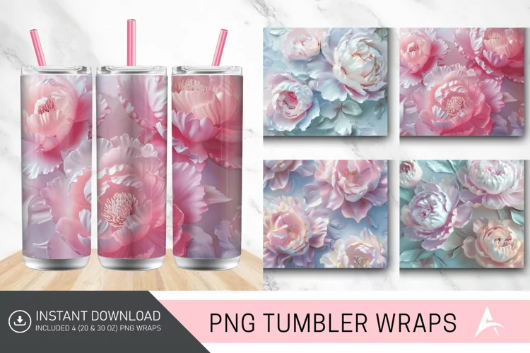 3D Pastel Peonies Flowers Tumbler Wrap