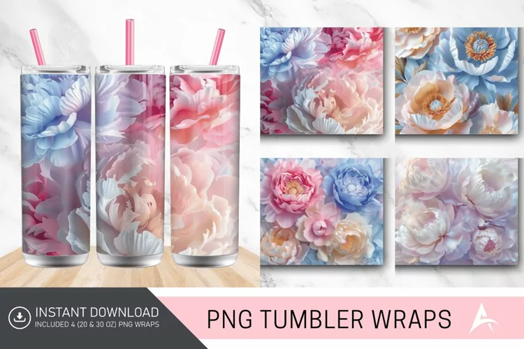 3D Pastel Peonies Flowers Tumbler Wrap