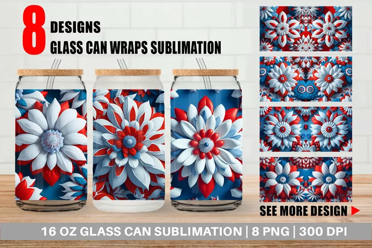 3D Patriot Flower Vintage Glass Can Wraps