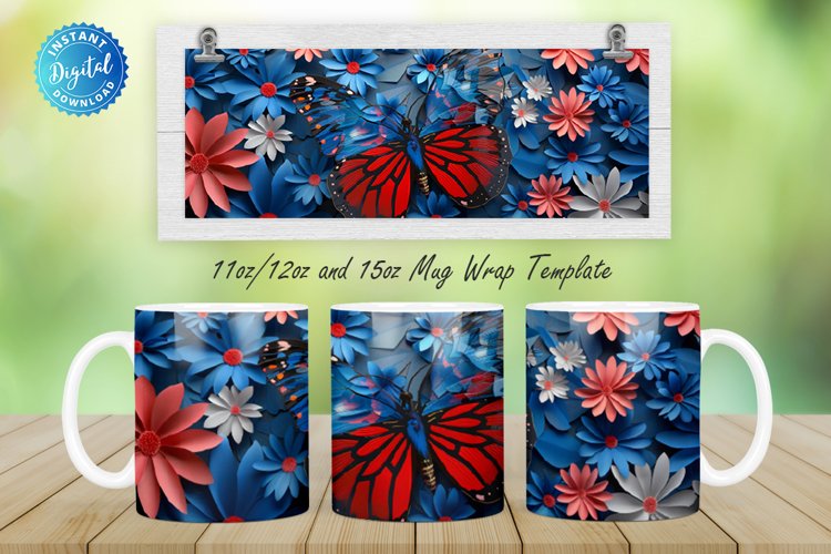 3D Patriotic Butterfly And Flowers 11, 12 & 15 Oz Mug