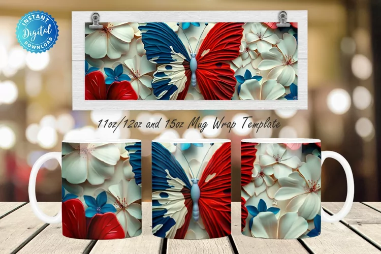 3D Patriotic Butterfly And Flowers 11, 12 & 15 Oz Mug