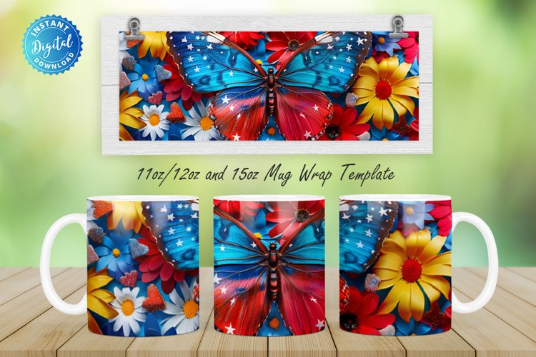 3D Patriotic Butterfly And Flowers 11, 12 & 15 Oz Mug