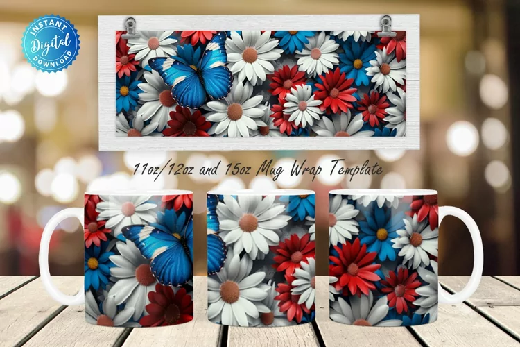 3D Patriotic Butterfly And Flowers 11, 12 & 15 Oz Mug