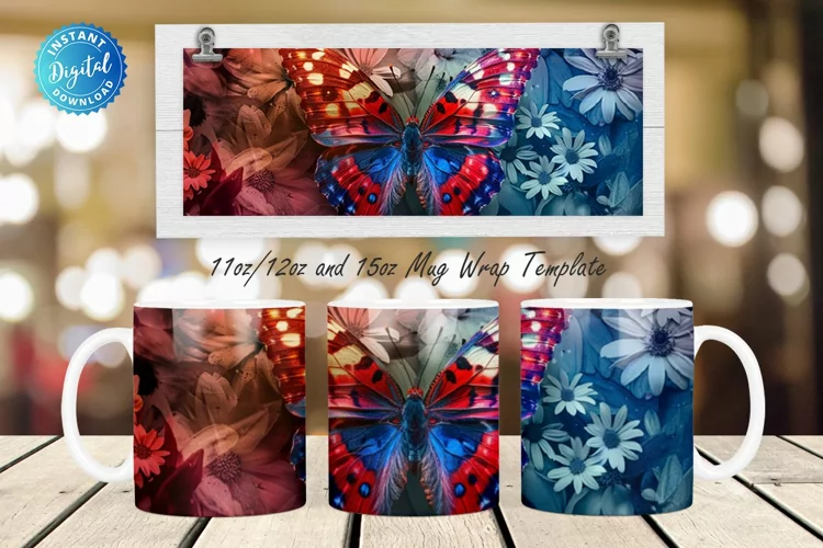 3D Patriotic Butterfly And Flowers 11, 12 & 15 Oz Mug
