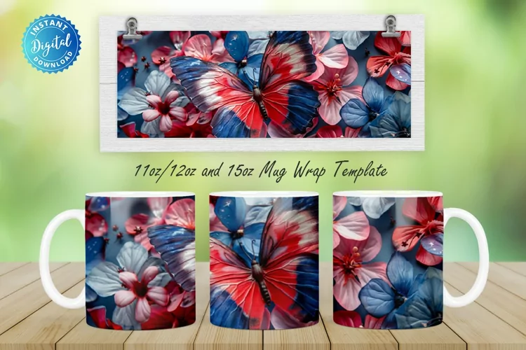 3D Patriotic Butterfly And Flowers 11, 12 & 15 Oz Mug
