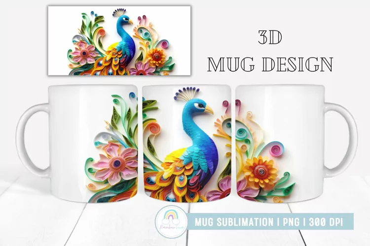 3D Peacock Mug Sublimation I Mug Wrap