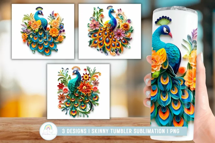 3D Paper Quilling Peacock Birds Tumbler Wrap Sublimation