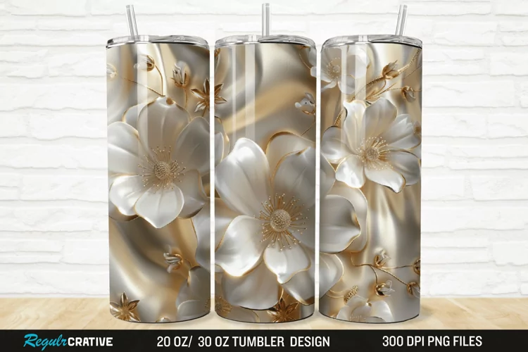 3D Pearl Gold Flower 20/30oz Skinny Tumbler