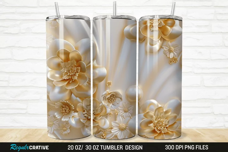 3D Pearl Gold Flower 20/30oz Skinny Tumbler