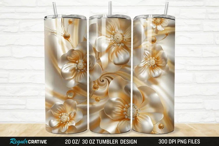 3D Pearl Gold Flower 20/30oz Skinny Tumbler