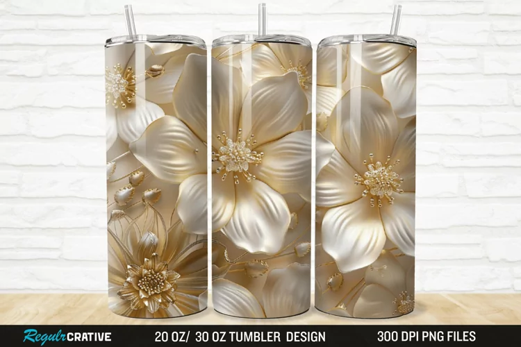3D Pearl Gold Flower 20/30oz Skinny Tumbler