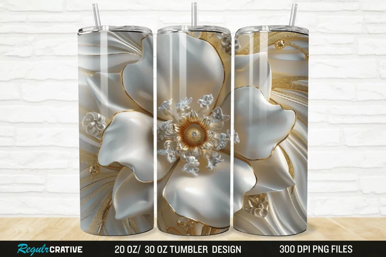 3D Pearl Gold Flower 20/30oz Skinny Tumbler