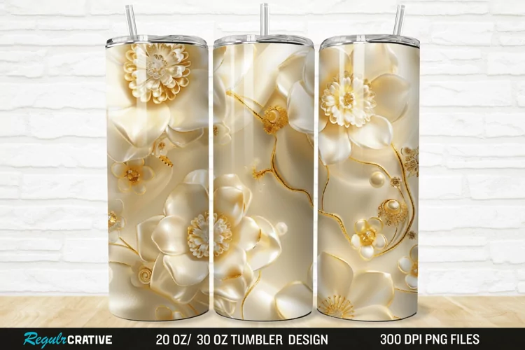 3D Pearl Gold Flower 20/30oz Skinny Tumbler