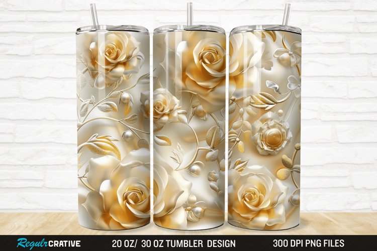 3D Pearl Gold Roses Flowers Botanical 20/30oz Skinny Tumbler