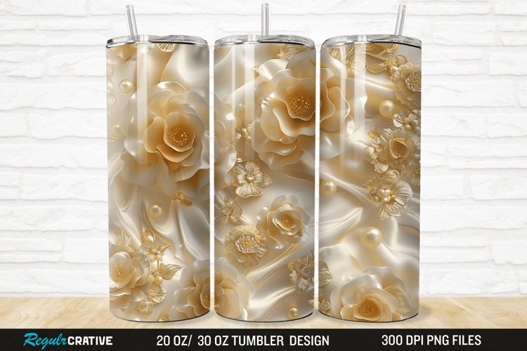 3D Pearl Gold Roses Flowers Botanical 20/30oz Skinny Tumbler