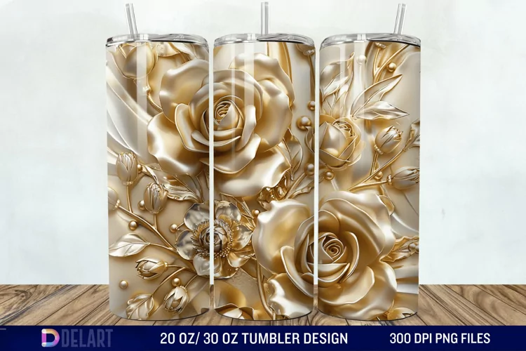 3D Pearl Gold Roses Flowers Tumbler Wrap