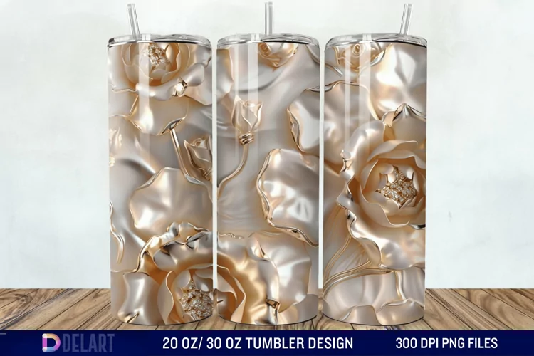 3D Pearl Gold Roses Flowers Tumbler Wrap