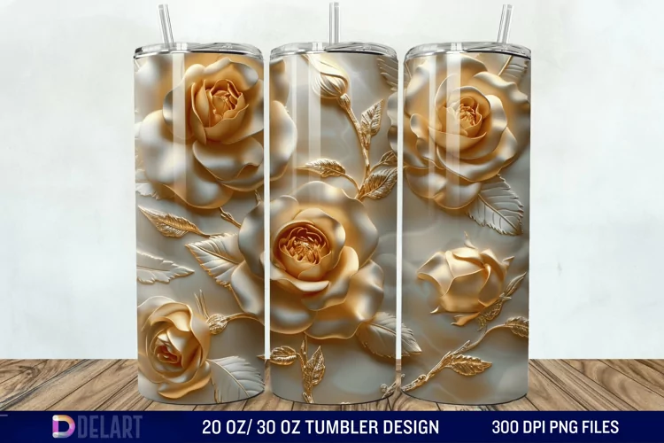 3D Pearl Gold Roses Flowers Tumbler Wrap