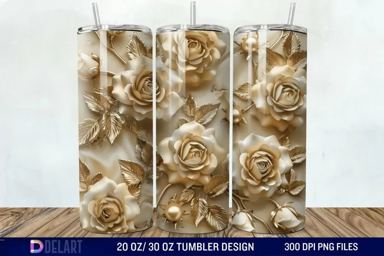 3D Pearl Gold Roses Flowers Tumbler Wrap