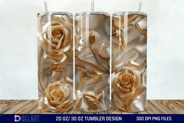 3D Pearl Gold Roses Flowers Tumbler Wrap