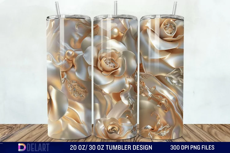 3D Pearl Gold Roses Flowers Tumbler Wrap