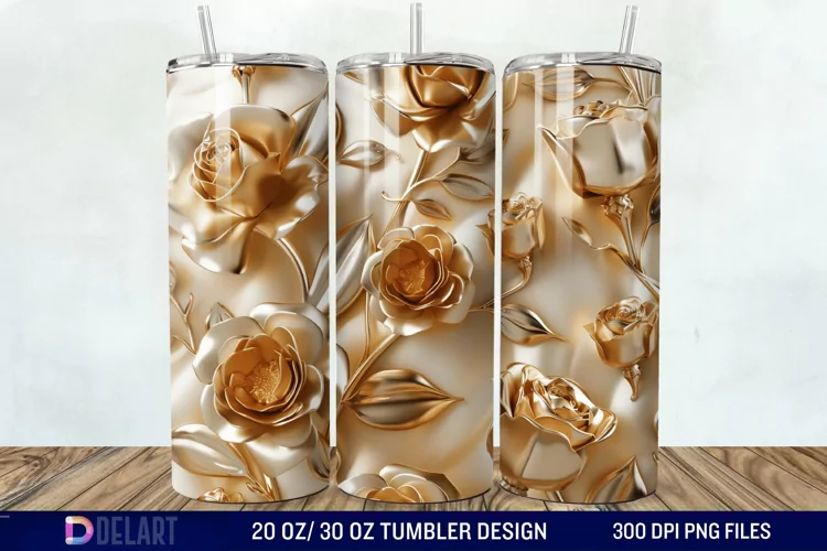 3D Pearl Gold Roses Flowers Tumbler Wrap