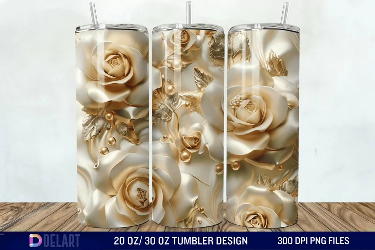 3D Pearl Gold Roses Flowers Tumbler Wrap