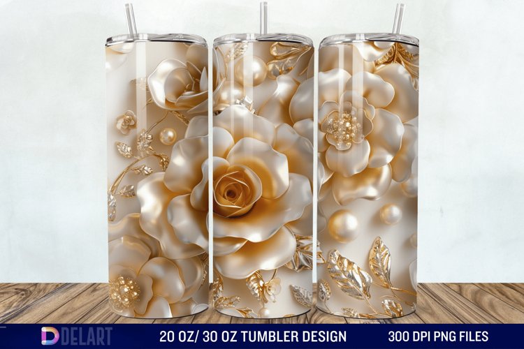 3D Pearl Gold Roses Flowers Tumbler Wrap example image 1